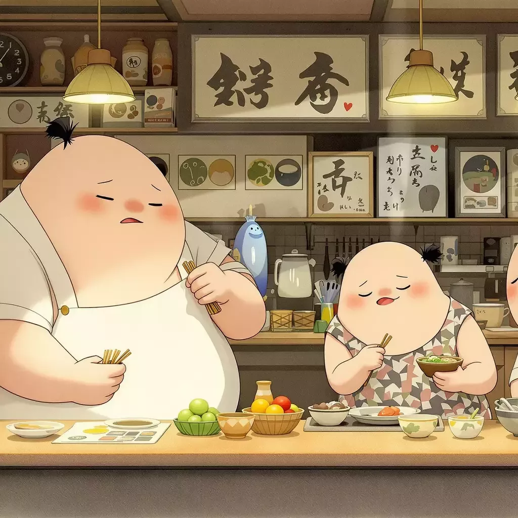 A collection of short fat characters with really big heads in a ramen shop.