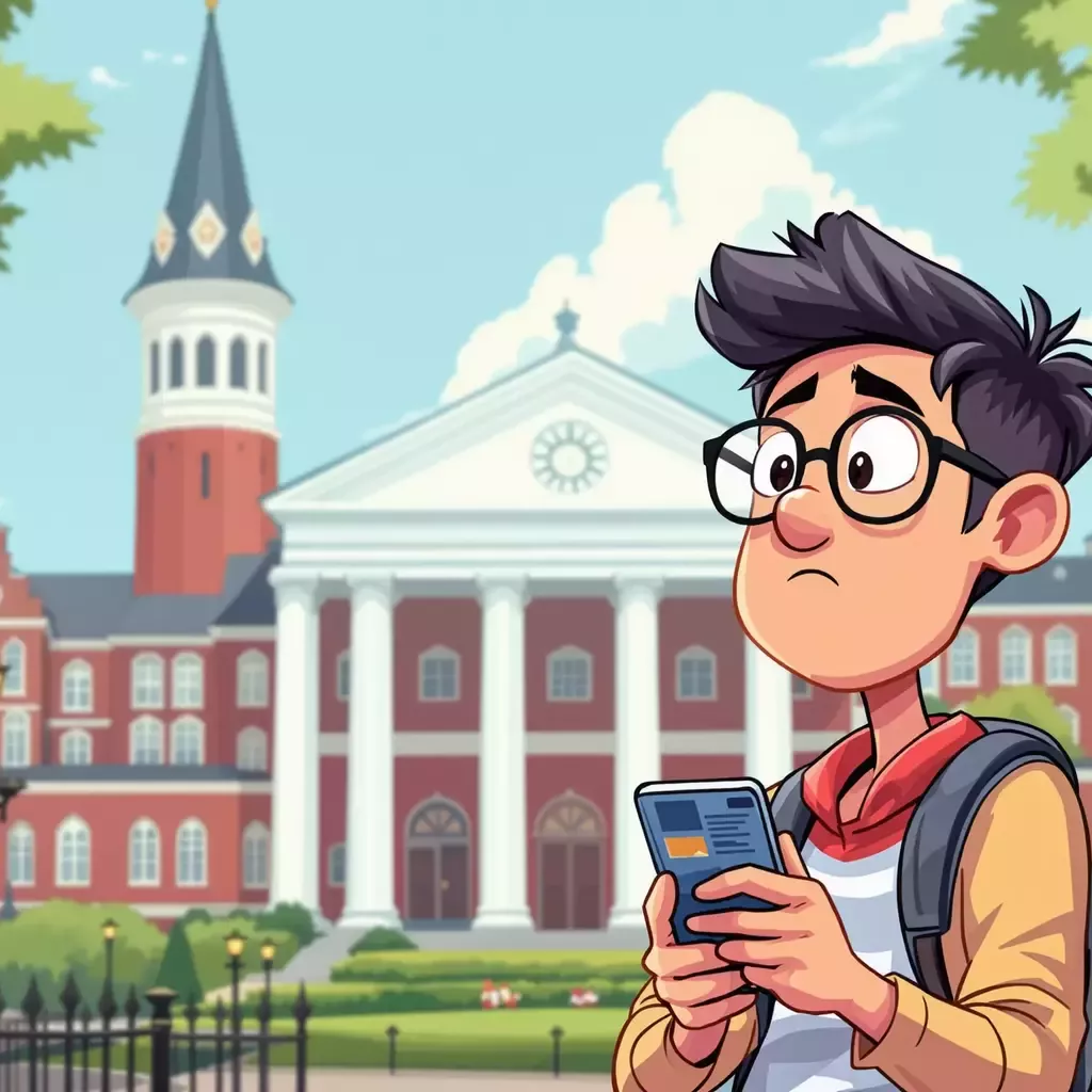 A foreign student with a backpack and glasses, standing in front of the iconic Harvard University campus, looks shocked and confused at the news on their smartphone.