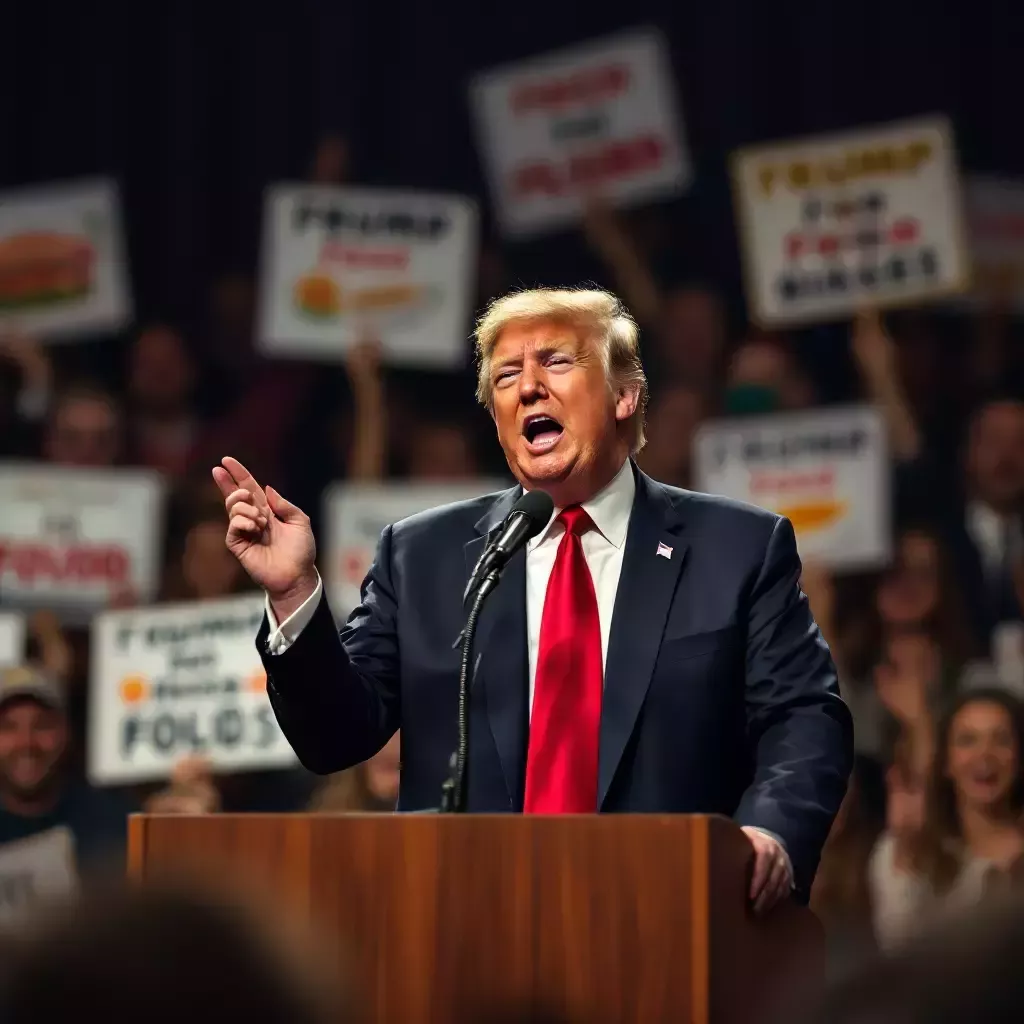 Trump speaking animatedly at the podium while people in the audience cheer, holding signs with food-related slogans.