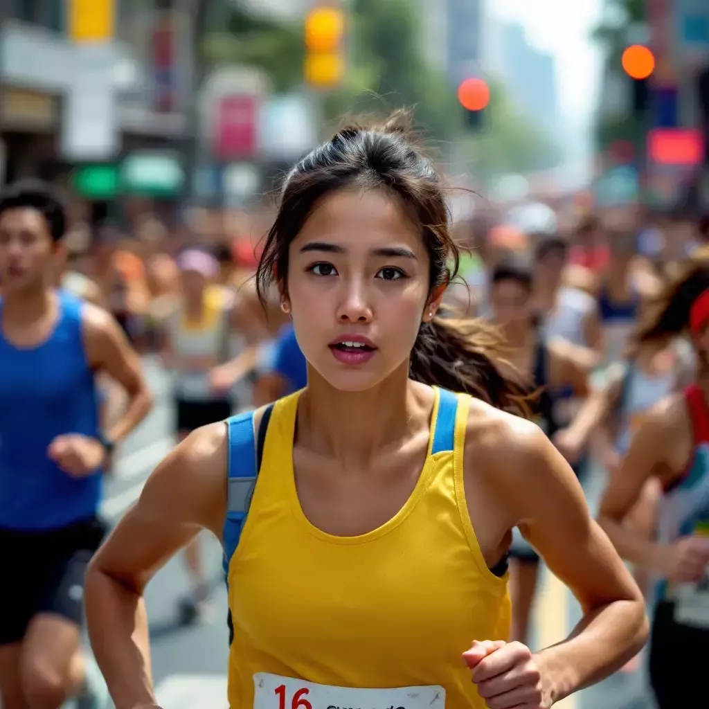 A bustling city marathon, with runners of all ages and backgrounds racing through urban streets, determination evident on their faces.