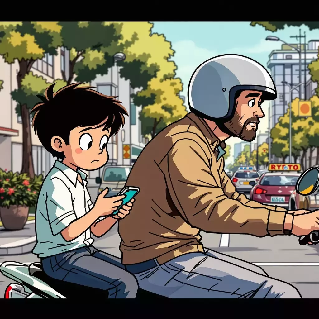A young boy sitting on the back of a scooter, playing a game on a smartphone. His father, the rider, looks bored as he waits in traffic.