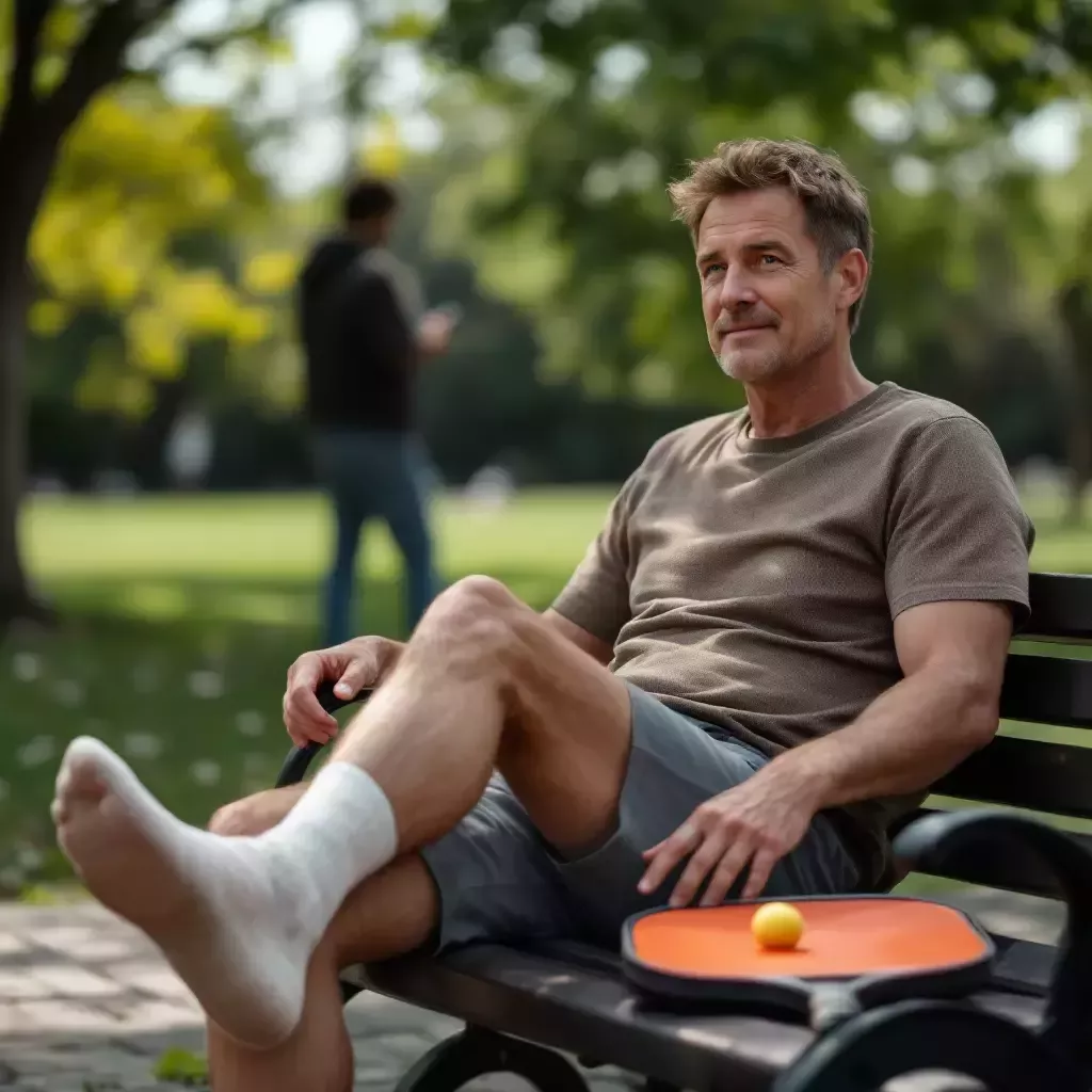 A middle-aged man, Jared, sitting on a park bench with his leg extended, ankle bandaged, and a pickleball paddle resting beside him.