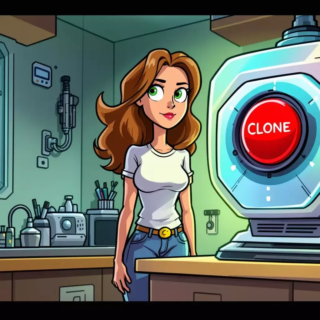 In a small home lab, the woman stands in front of a futuristic cloning machine with a determined look. The machine is sleek and shiny, with blinking lights and a large red button labeled 'Clone'.