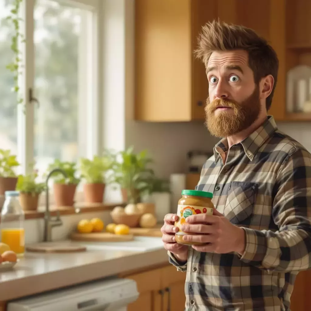 A family kitchen with Daddy looking skeptically at a jar of organic peanut butter. The kitchen is cozy with wooden cabinets and a few potted plants on the windowsill. Daddy has a confused look on his face as he holds the jar.