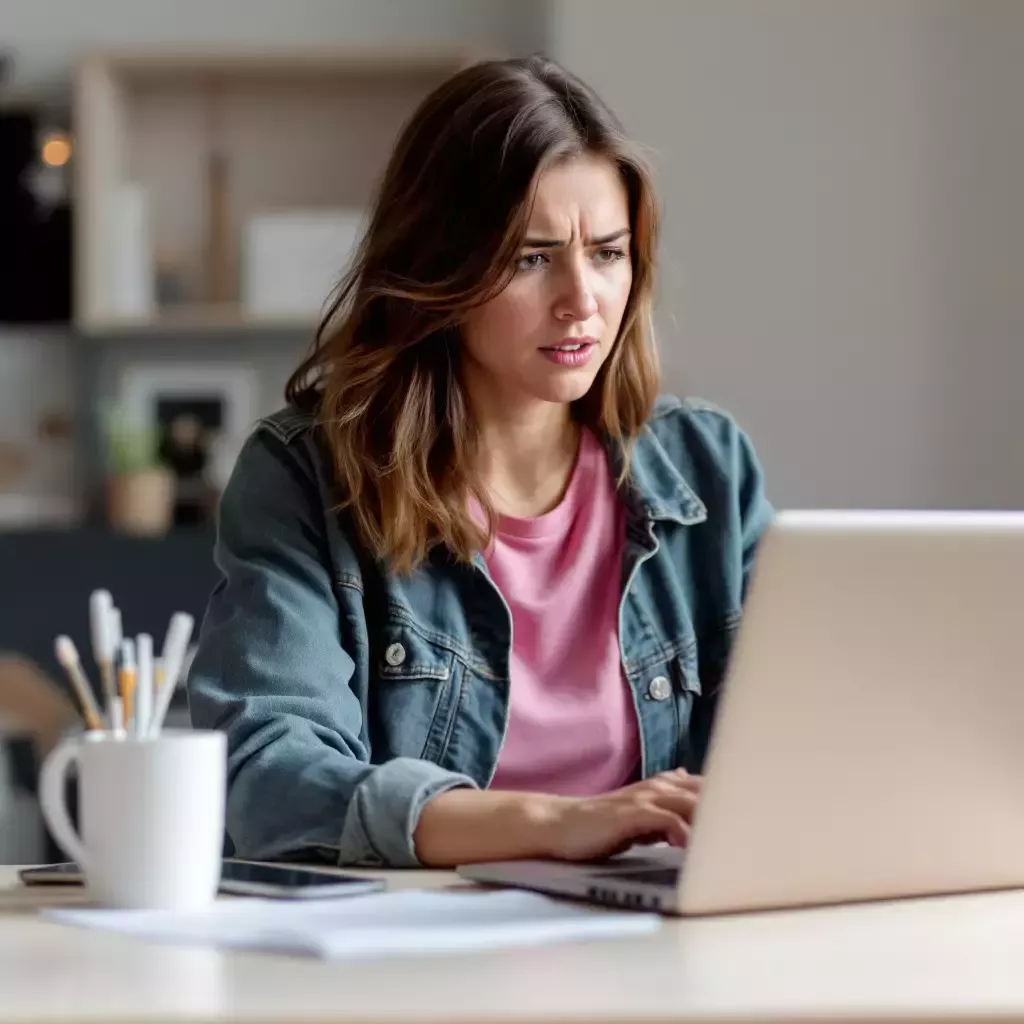 Carrie is scheduling her appointments on her laptop, juggling between her email and calendar apps. Her calendar displays 'Overbooked' in large, comical letters. She appears slightly exasperated. She wears a pink shirt with a jean jacket.