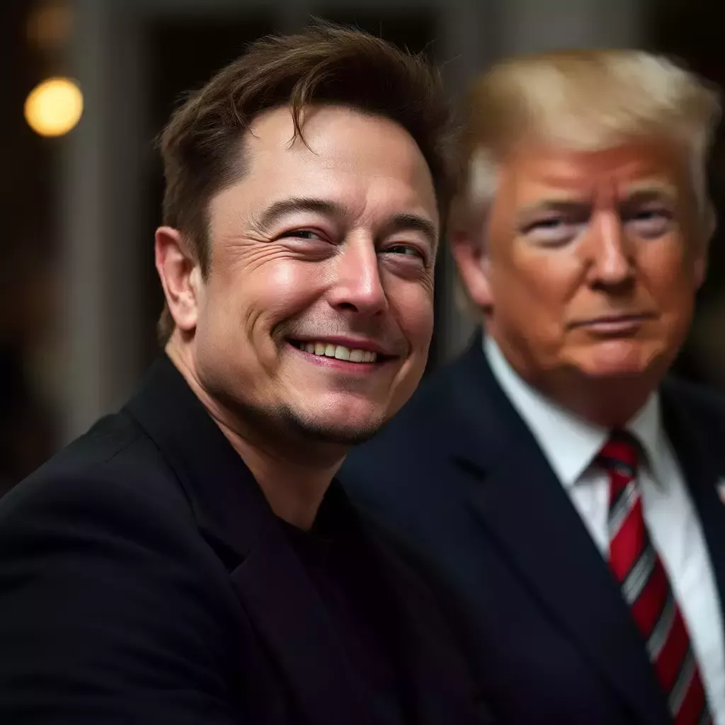 The screen displays a comically absurd policy suggestion, such as 'Build a space wall to keep out alien invaders,' while Musk smirks.
