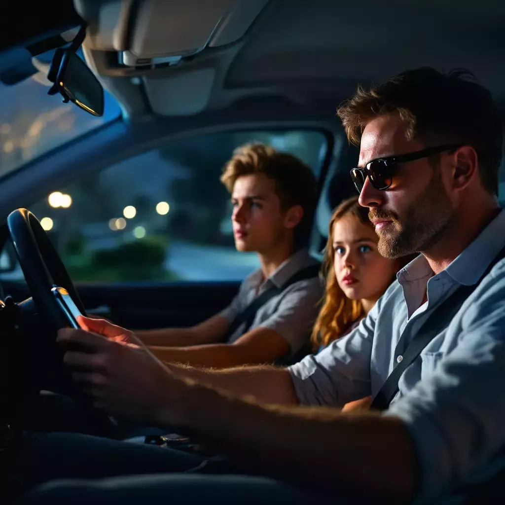 A nighttime scene inside a car, with Daddy at the wheel wearing sunglasses. He's casually glancing at his phone. Mommy, Billy, and Sally are sitting in their seats looking concerned.