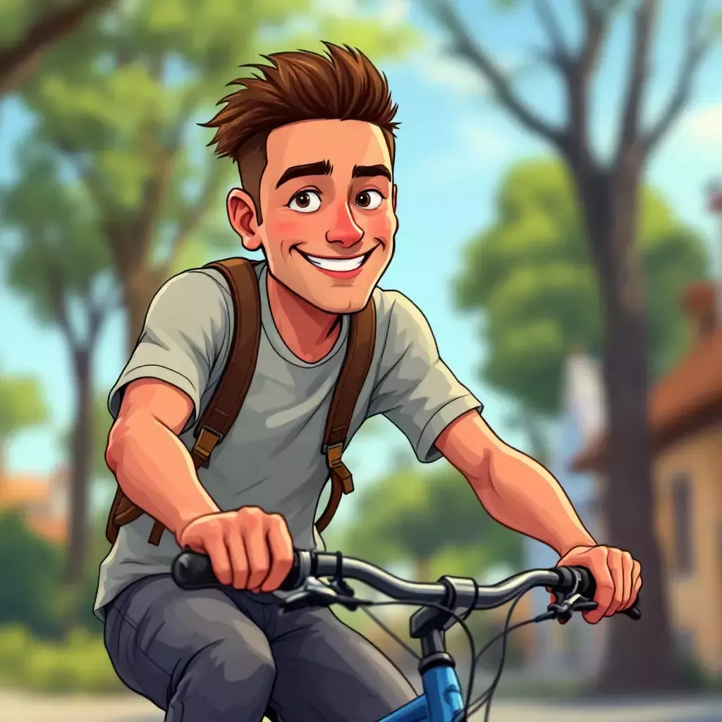 A young man with a bare head is seen riding a bike, smugly smiling at the camera.