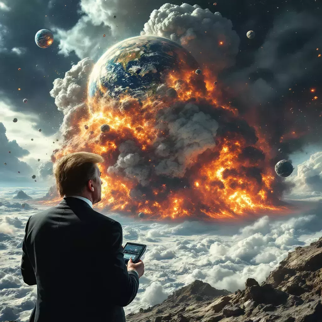 A dramatic depiction of Earth mid-explosion, with fiery eruptions and chunks of the planet flying into space. Elon Musk is seen observing the scene through a futuristic monitor, while Donald Trump looks shocked, holding the remote.