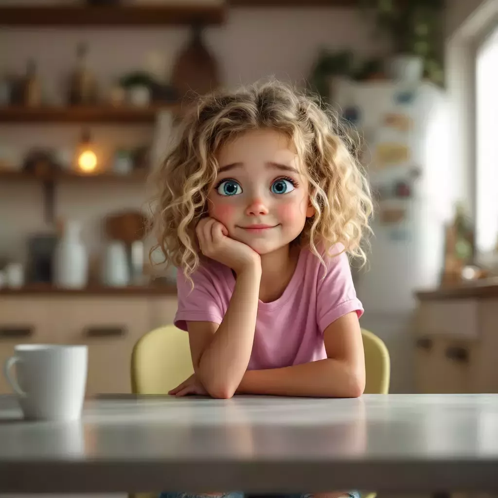 Lila is now sitting at a dining table with a slightly deflated expression, resting her chin on her hand. The kitchen is in the background, still with the fridge open.