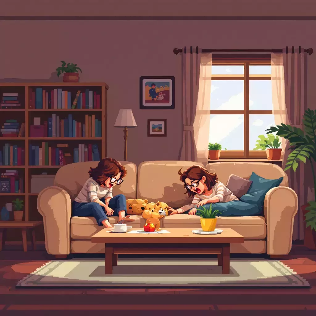 A cozy living room with a sofa, a coffee table, and a bookshelf. Mommy is frantically searching under the cushions.