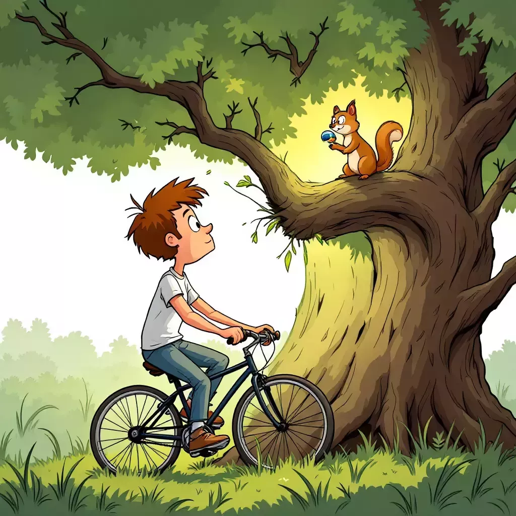 A squirrel in a tree looks down at the helmetless cyclist.