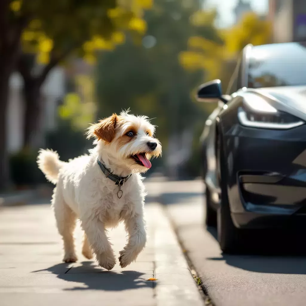 A scruffy white terrier with tan floppy ears, named Bing, is happily walking down the street on a sunny day. He looks around with curiosity as he walks past a sleek parked Tesla on the side of the road.