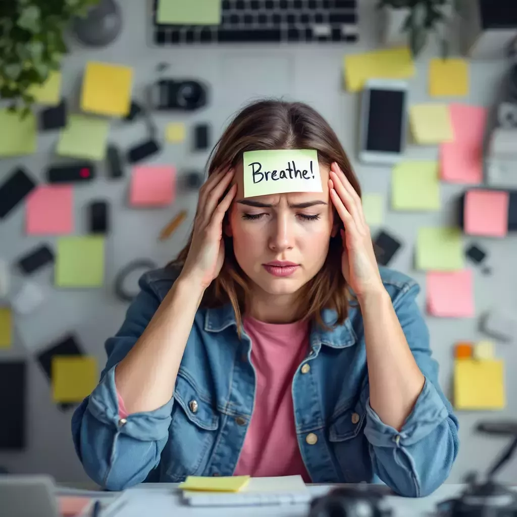 Carrie is now surrounded by sticky notes, devices, and open applications on her desktop. She looks stressed while holding her head, and a sticky note on her forehead reads, 'Breathe!' She wears a pink shirt with a jean jacket.
