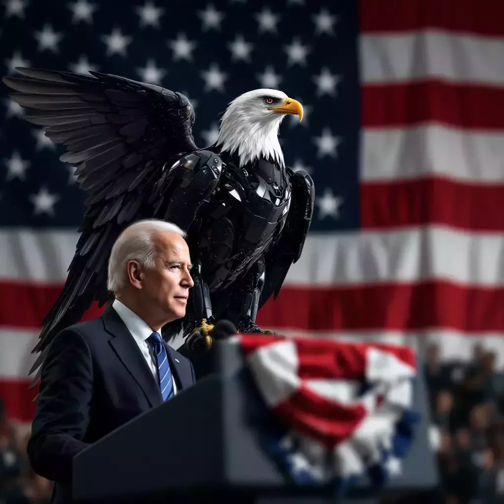 A majestic bald eagle perches on a podium adorned with the national flag. The president is Joe Biden. 