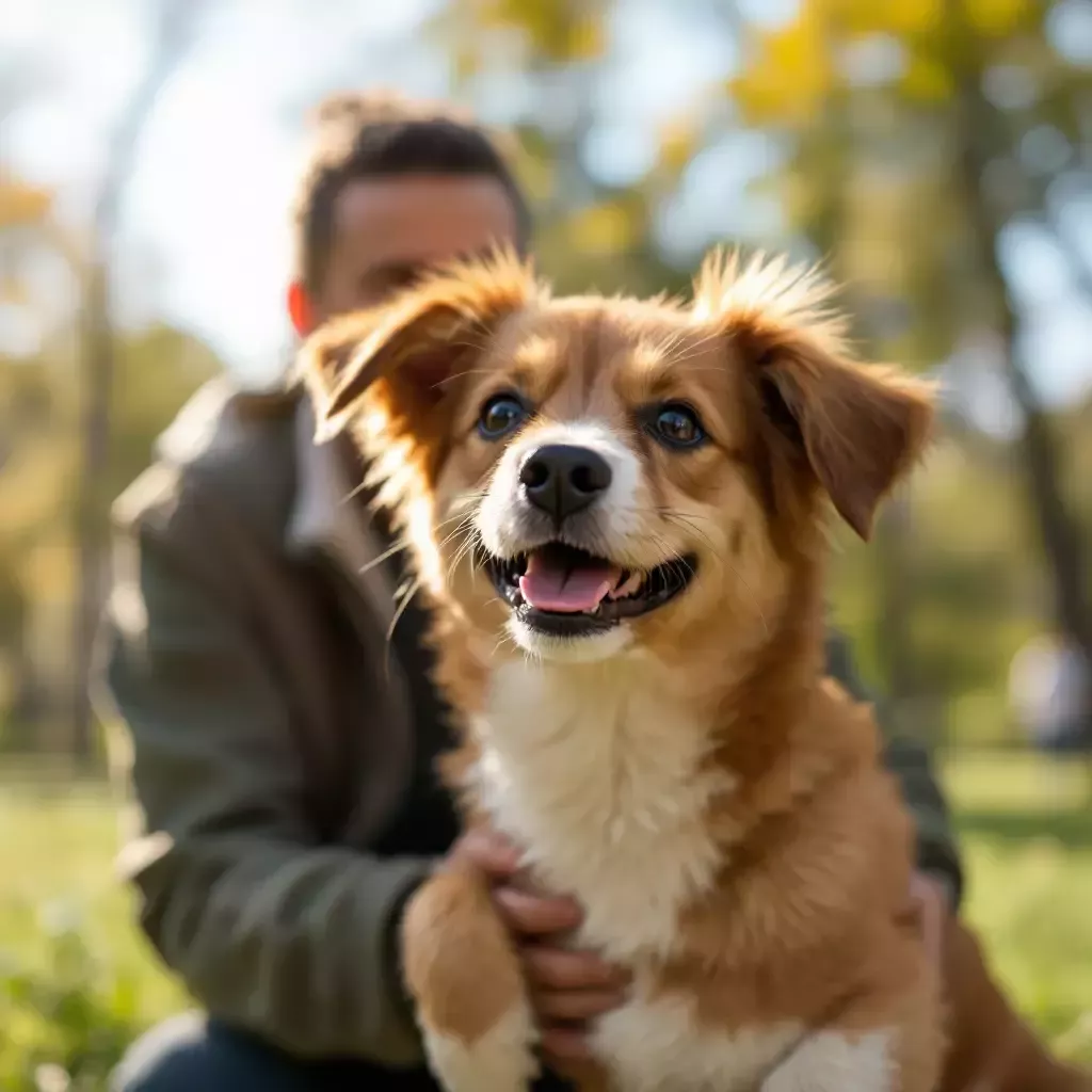 Bing, looking happy and playful, in a sunny park in the United States with his new family watching over him.