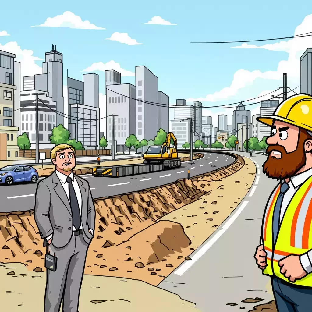 The scene shifts to a construction site where a bike lane is being built next to a busy road. A construction worker in a hard hat and safety vest is explaining the project to the businessmen who look displeased.