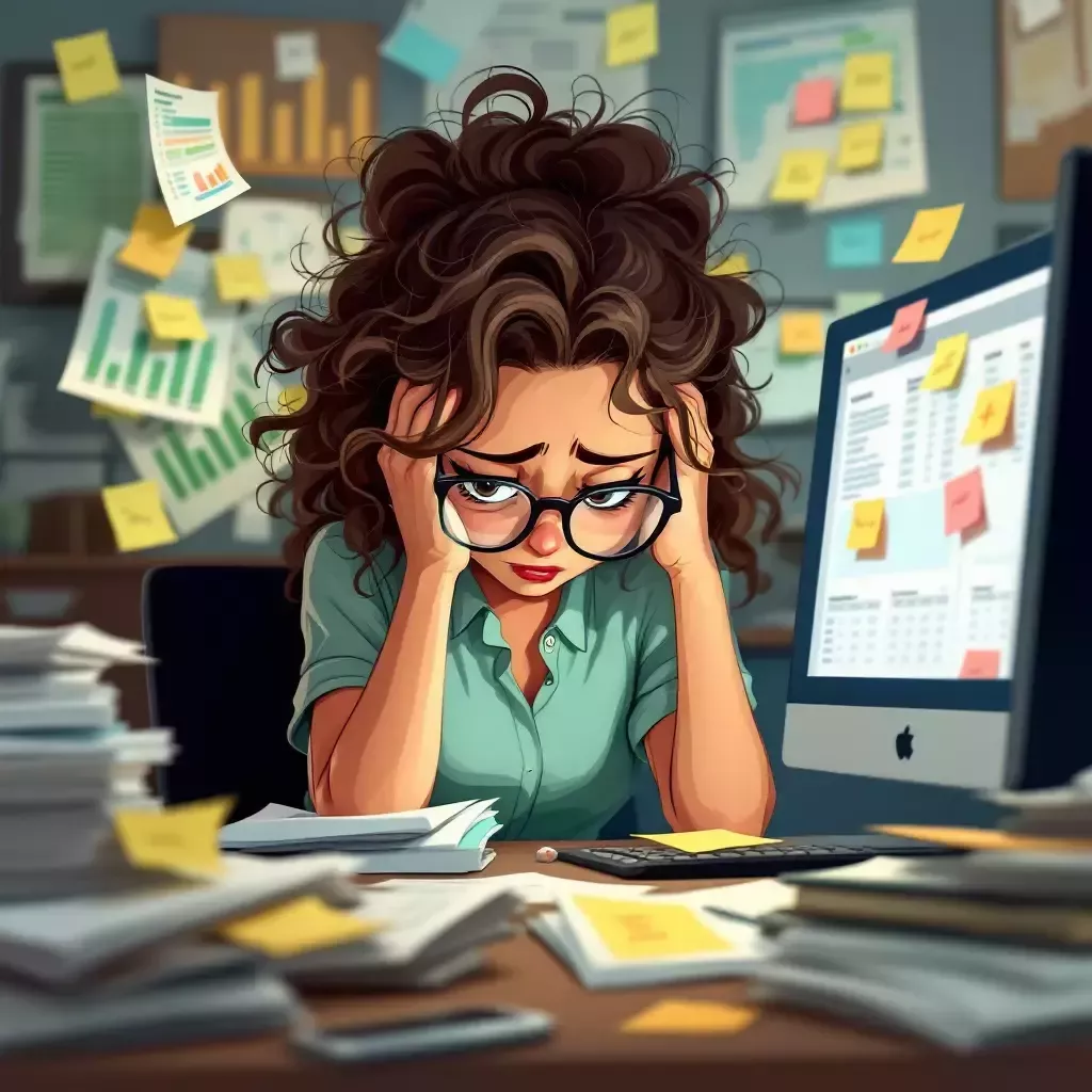 Close-up of the employee looking stressed, with piles of papers and sticky notes all around her desk, computer screen showing chaotic spreadsheets.