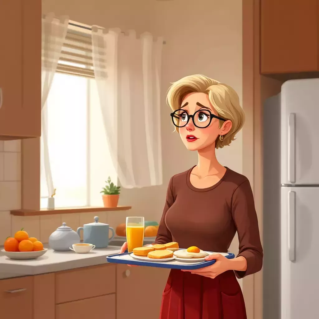 The girl's mom, a kind-looking woman with short blonde hair and glasses, enters the room holding a breakfast tray. She looks concerned but hopeful.