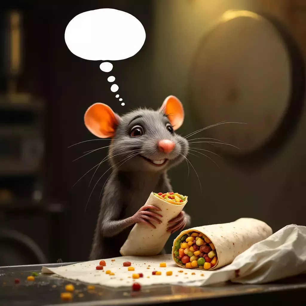 The final frame shows Rap Rat backstage, unwrapping a burrito with a cheeky grin. A thought bubble appears above his head.