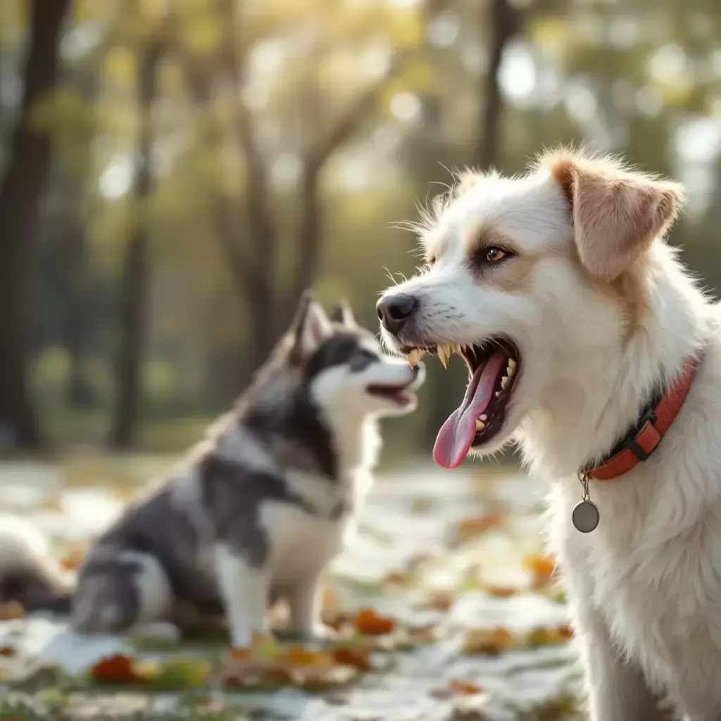 A majestic husky with a black coat, piercing blue eyes, and a regal stance is in the park. Bing, a scruffy white terrier with tan floppy ears, bares his teeth and starts growling and barking angrily.