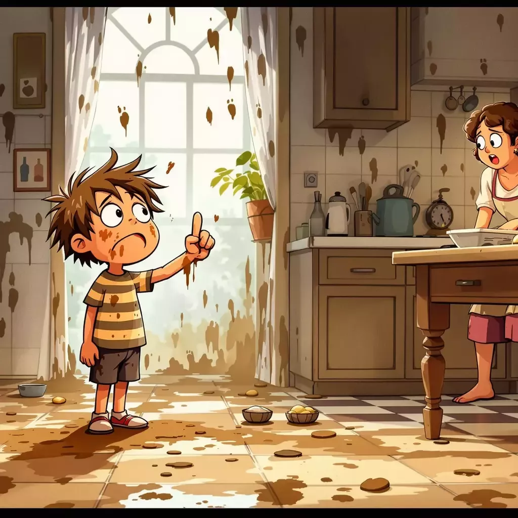 A kitchen is in disarray with muddy footprints leading from the door to the center. The kitchen has a cozy, homey feel with wooden cabinets and a checkered floor. A very dirty kid, covered in mud from head to toe, stands in the middle of the kitchen. He's wearing a striped shirt and shorts, both barely visible under the grime. His hair is a tousled mess, and his face smudged with dirt. The kid has an exaggerated, frustrated expression as he holds up a single finger, showing a small ink stain on it. His mom, a woman with short curly hair and an apron, looks at him incredulously from the kitchen table, where she was peeling potatoes.