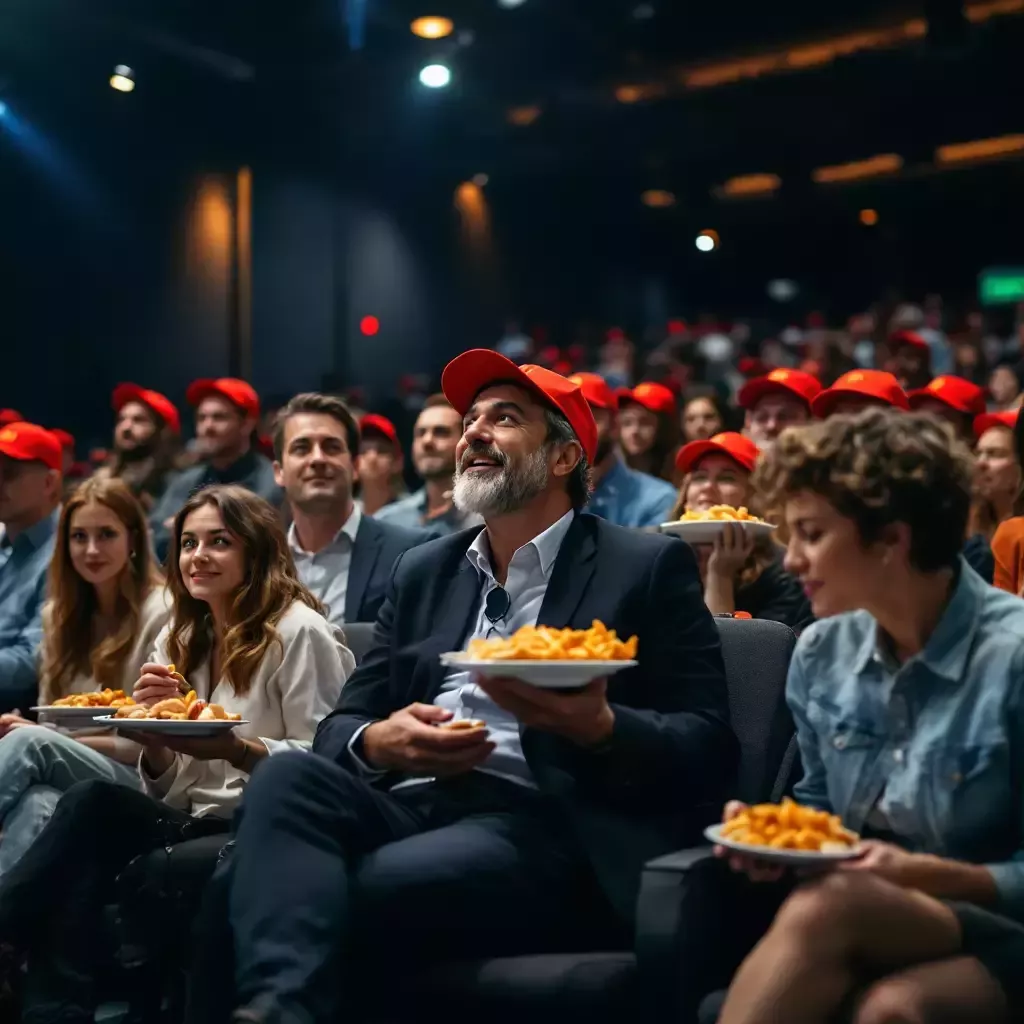 The venue now has more people, some holding plates of snacks, but looking more interested in the food than the speech. The audience all has red Maga hats on