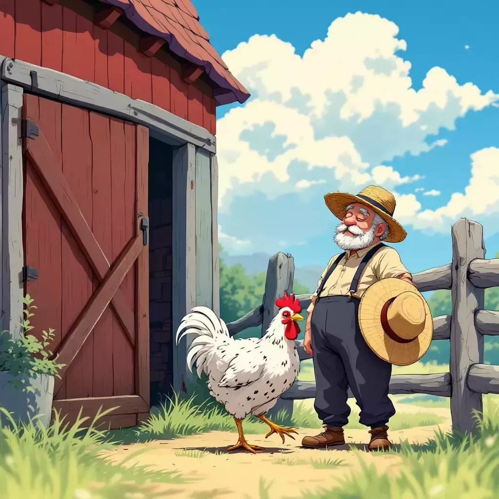 Marley, the chicken, sneaks past a snoozing farmer holding a straw hat, near the open farm gate.