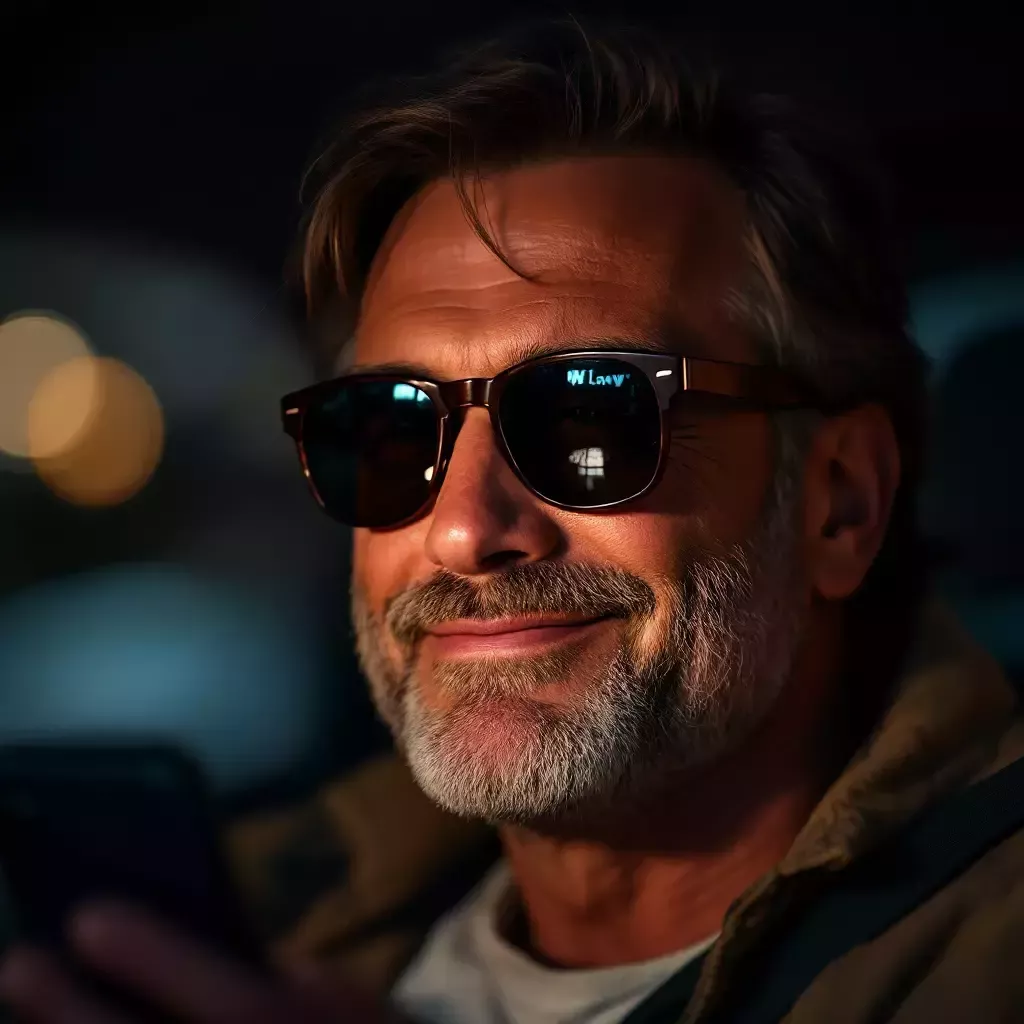 Close-up of Daddy, still wearing sunglasses, with a smirk on his face. The phone screen reflects in his sunglasses. It's night.