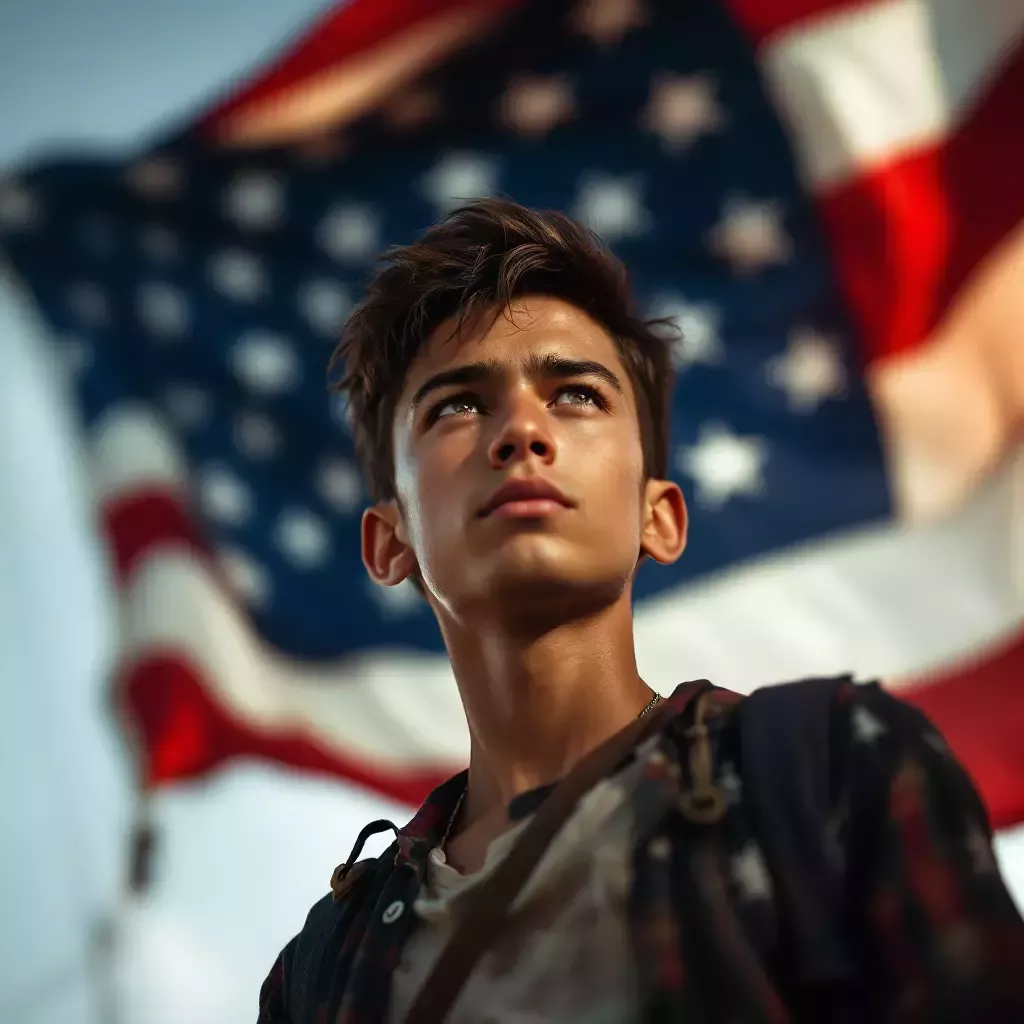 Kek looking brave and optimistic under the American flag, ready to embrace his new life.