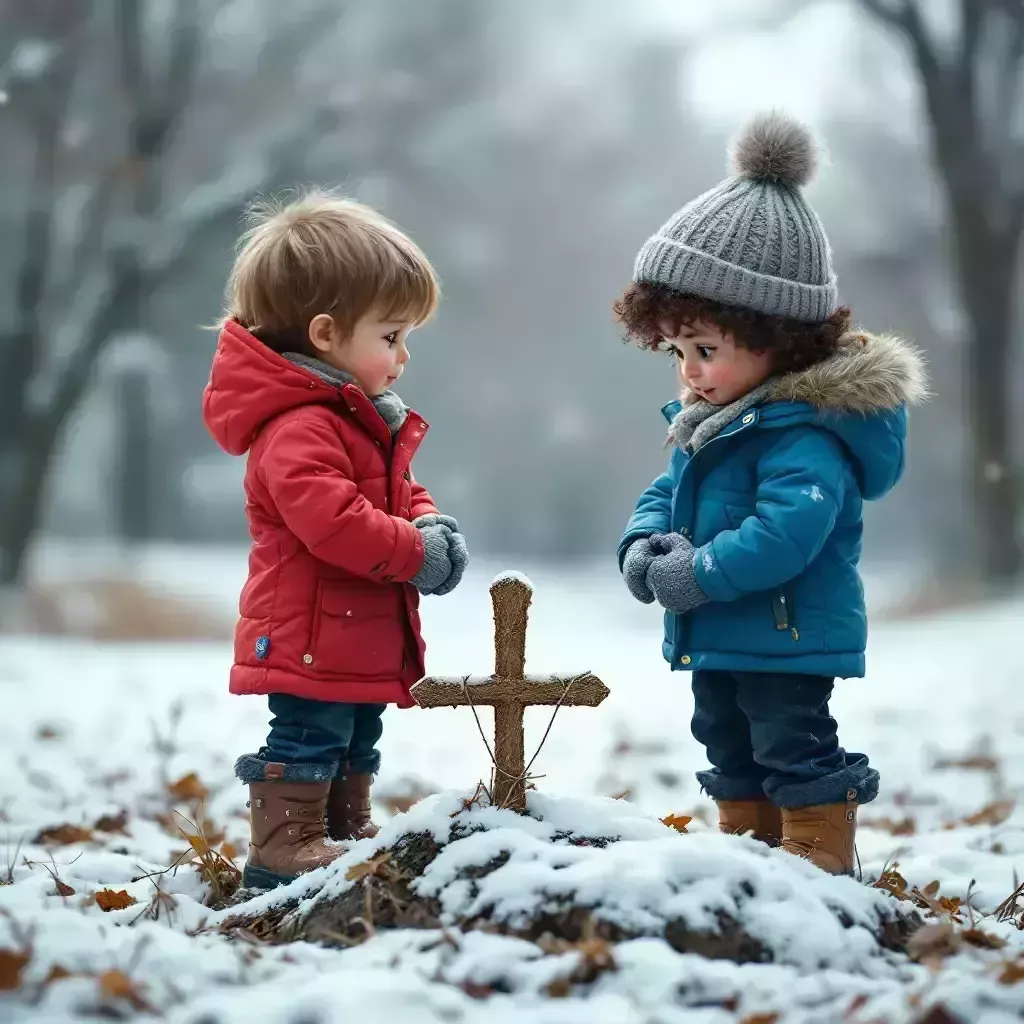 The kids standing solemnly beside a small mound of snow with a branch as a marker, paying their respects.