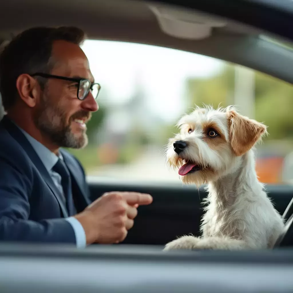 Bing, sits proudly beside the Tesla holding a car key in his mouth, while the driver stands baffled and scratching his head.