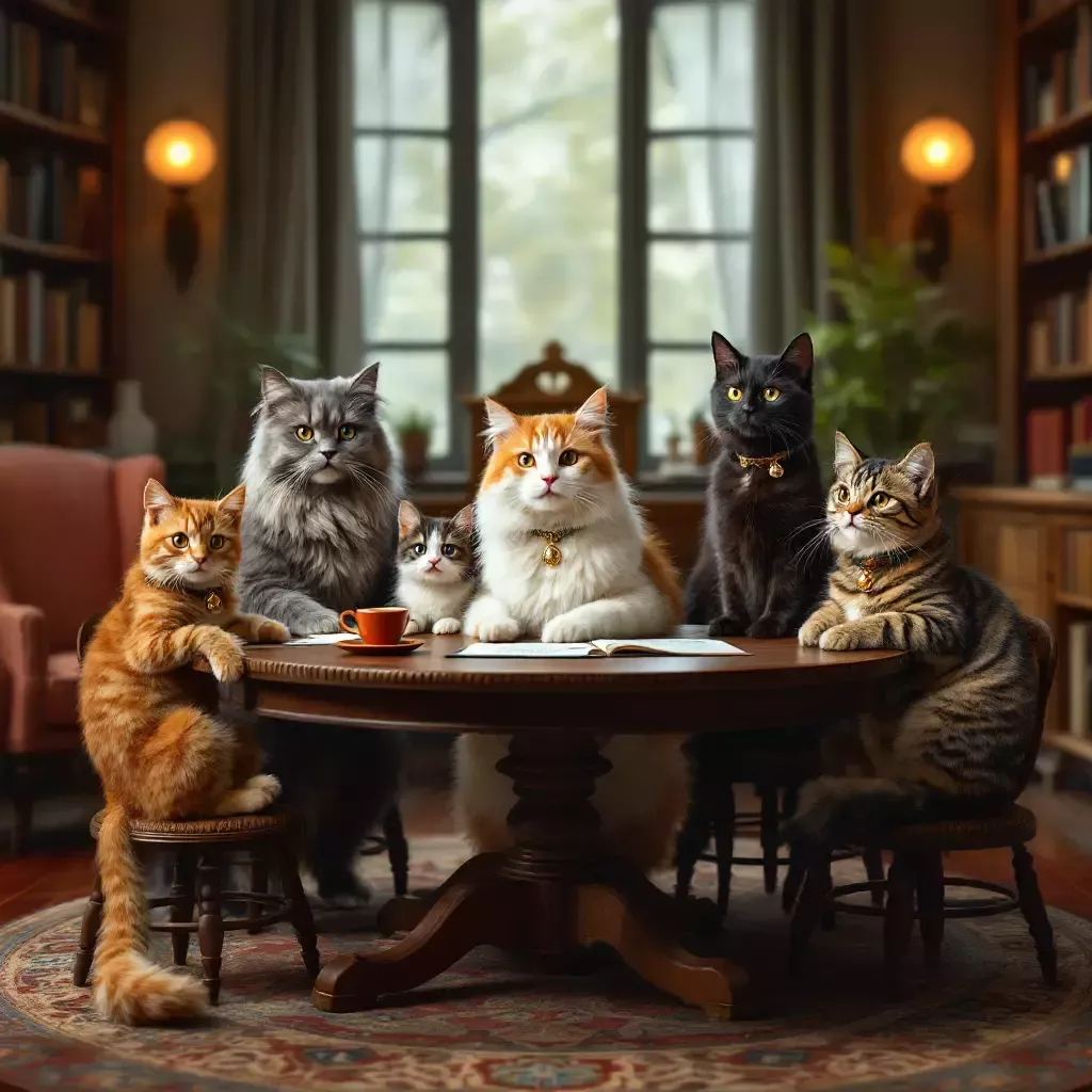 A group of various cats seated around a circular table in a cozy, library-like room.