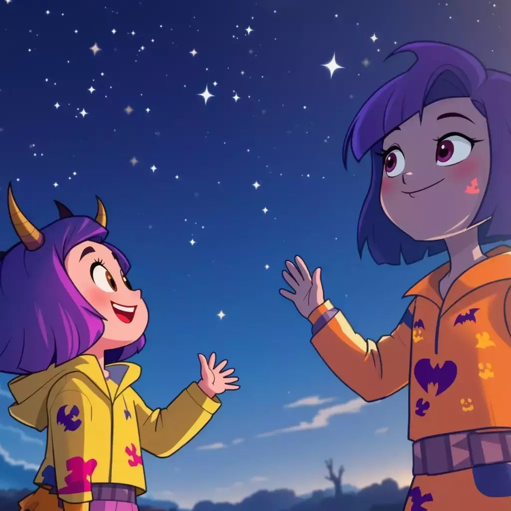 As the K-Pop Demon Hunters wave goodbye, the scene shifts to a serene night sky with twinkling stars. The daughter looks up with a satisfied smile, knowing she helped keep Halloween safe.