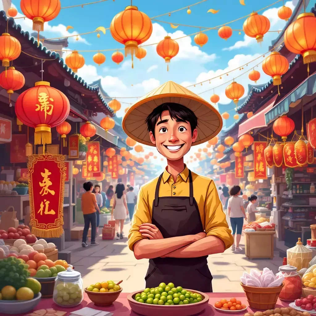 A bustling Vietnamese market decorated with red and gold lanterns, filled with people shopping for the Lunar New Year. Traditional Vietnamese banners and decorations hang from stalls.