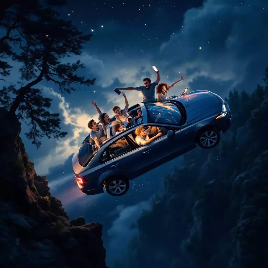 The car is airborne, soaring off a cliff into the night sky. Everyone inside has a shocked expression, and the phone floats weightlessly.