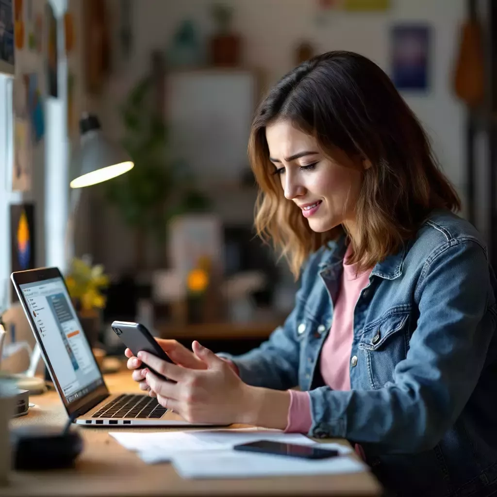 Carrie is sitting at her desk, looking between her phone and laptop with a confused expression. Her desk is cluttered with gadgets, and open apps on her devices show emails and texts. She wears a pink shirt with a jean jacket.