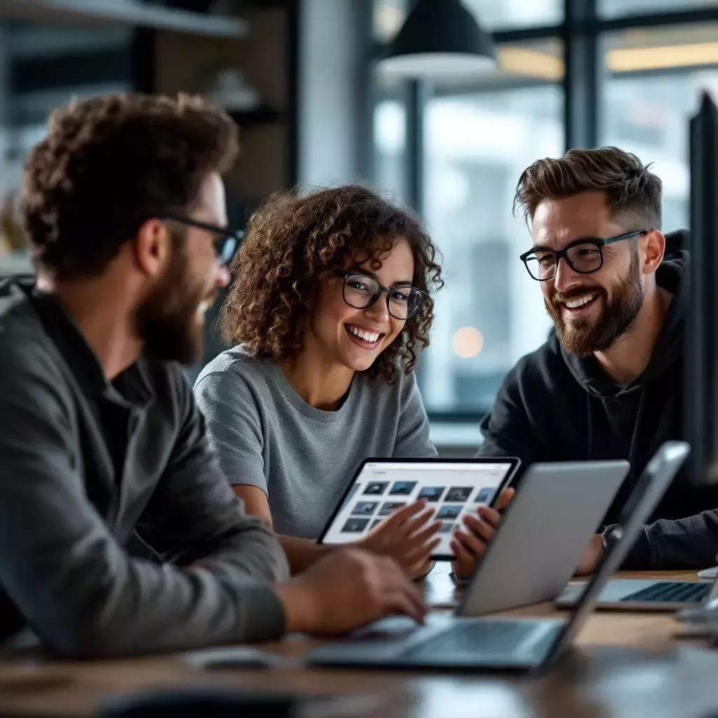 A group of engineers, diverse in appearance with different hairstyles and casual tech attire, gather around a conference table. They have laptops open and are discussing excitedly. One engineer, a woman with curly hair and glasses, is holding a tablet showing high-tech monitor options.