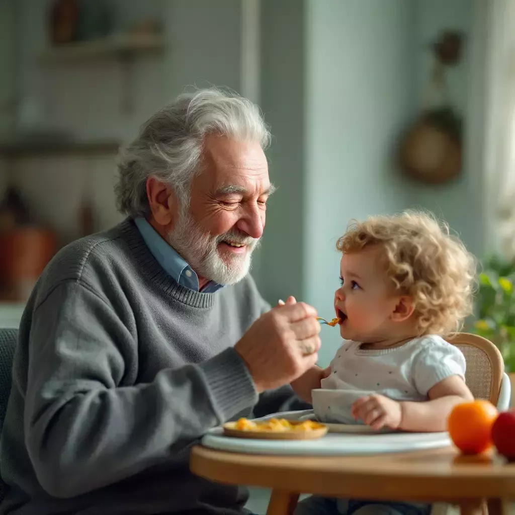 Flashback scene of Grandpa Bill (younger) feeding a toddler in a highchair. The toddler has blonde hair.