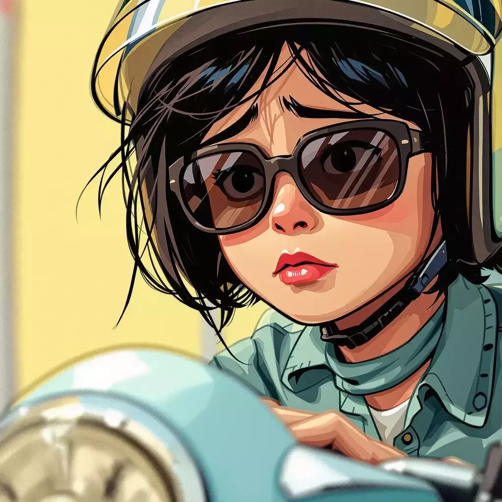 Close-up of a frustrated scooter rider, a young woman with short black hair wearing a helmet and sunglasses. She's checking her watch and sighing.