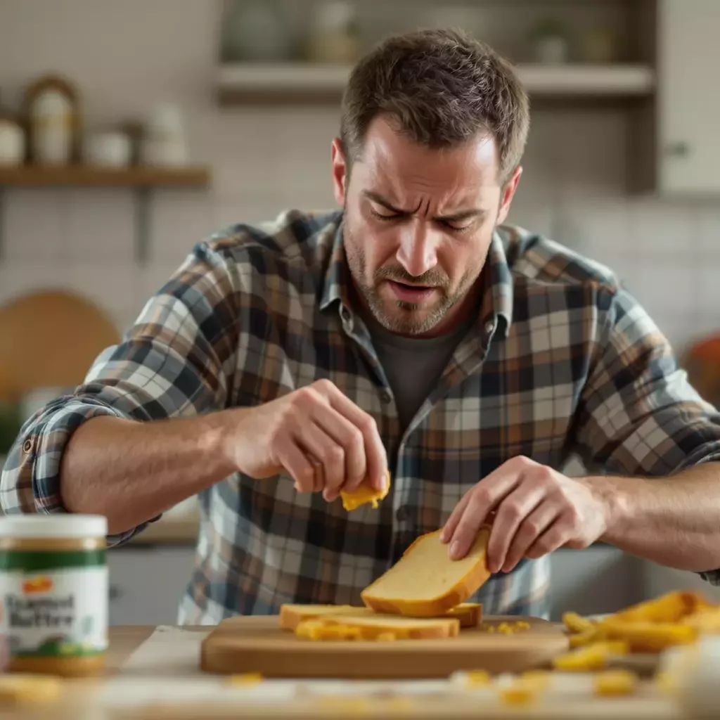 Daddy attempts to spread the peanut butter on a slice of bread, struggling as it clumps up. The kitchen countertop is cluttered with breakfast items, and Daddy's expression is one of frustration.