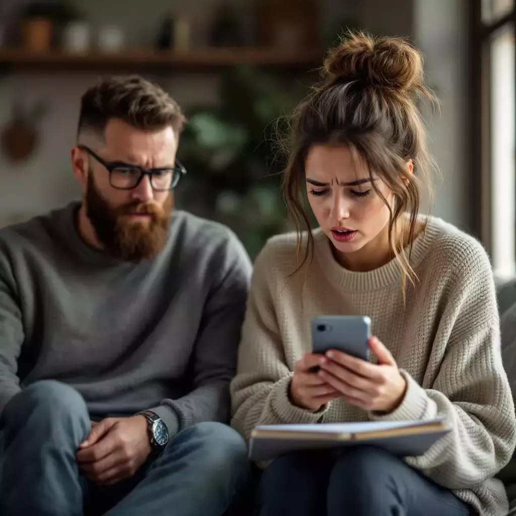 Mommy, a fair-skinned woman with long brown hair tied in a messy bun, sits on the living room couch with her phone in hand. The room is cozy with a few toys scattered around.