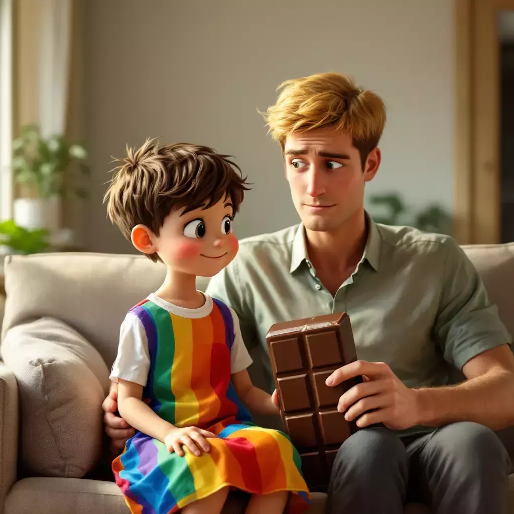 Billy is wearing a colorful dress. Billy's father, a tall man with a kind face and short blonde hair, is sitting on the couch, looking concerned and thoughtful, glancing at the dress. Daddy is holding a giant oversized chocolate bar. Billy is smiling.