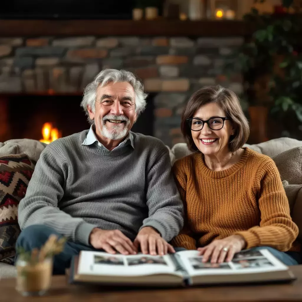 A cozy living room with a fireplace. Grandpa Bill and Grandma Ronda sit on a couch, smiling nostalgically, surrounded by photo albums.