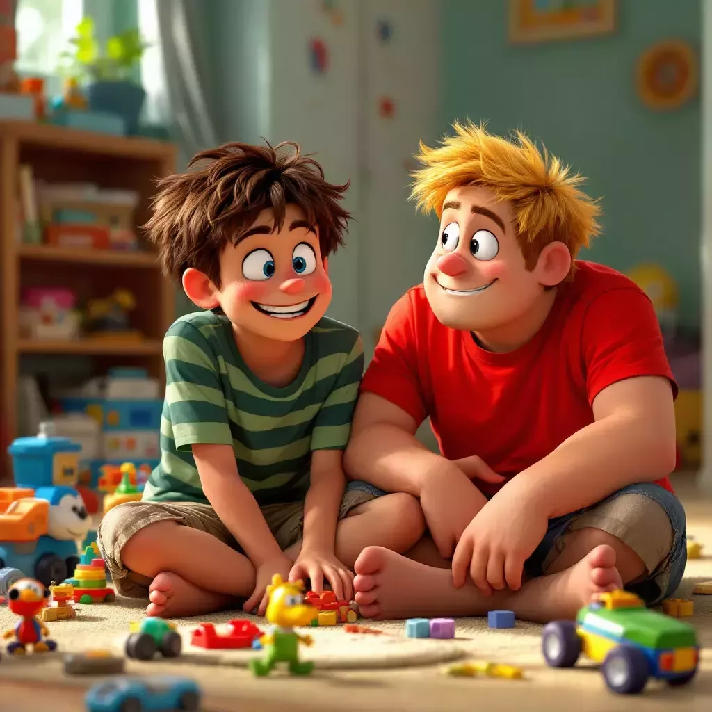 Ralph and Frank are sitting cross-legged on the floor of Frank's room. Toys are scattered around them. Ralph has a mischievous grin, while Frank looks curious.