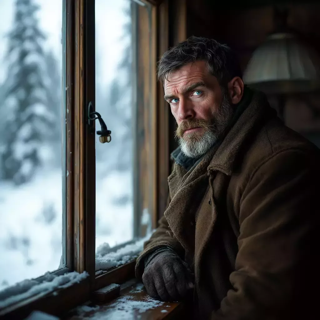 Ivan, a rugged Russian detective with a solemn expression, sits by the window of a rustic Siberian cabin, looking out at a snow-covered landscape.