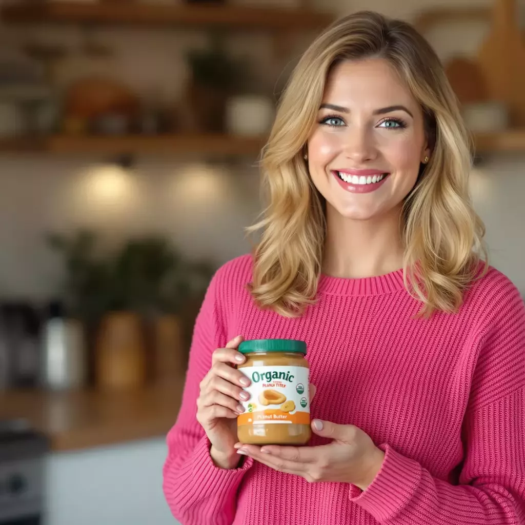 Mommy stands in the kitchen, smiling, while holding a jar of organic peanut butter. She has a confident expression, and the kitchen has a warm, inviting atmosphere.