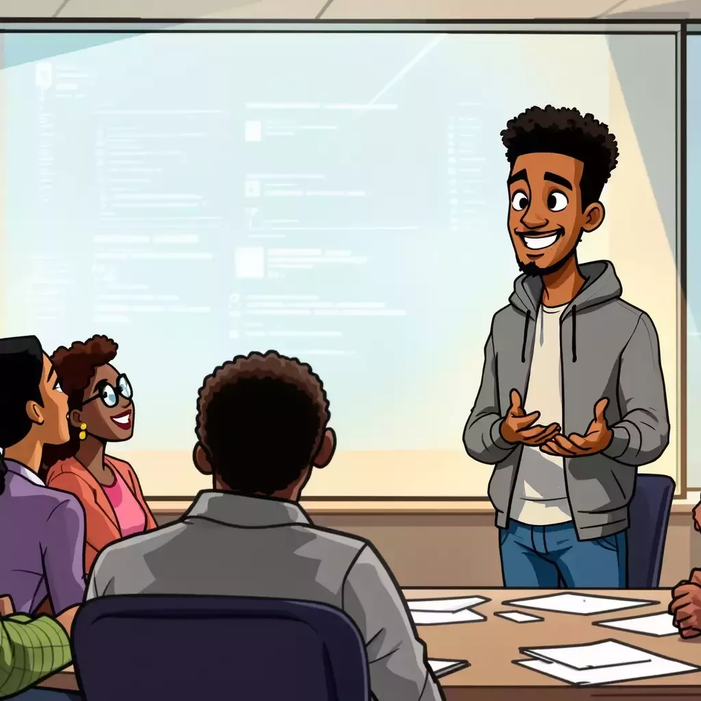 Jamal smiling confidently as he presents his work to a group of impressed clients in a conference room. The clients are diverse, showing interest and nodding in approval.