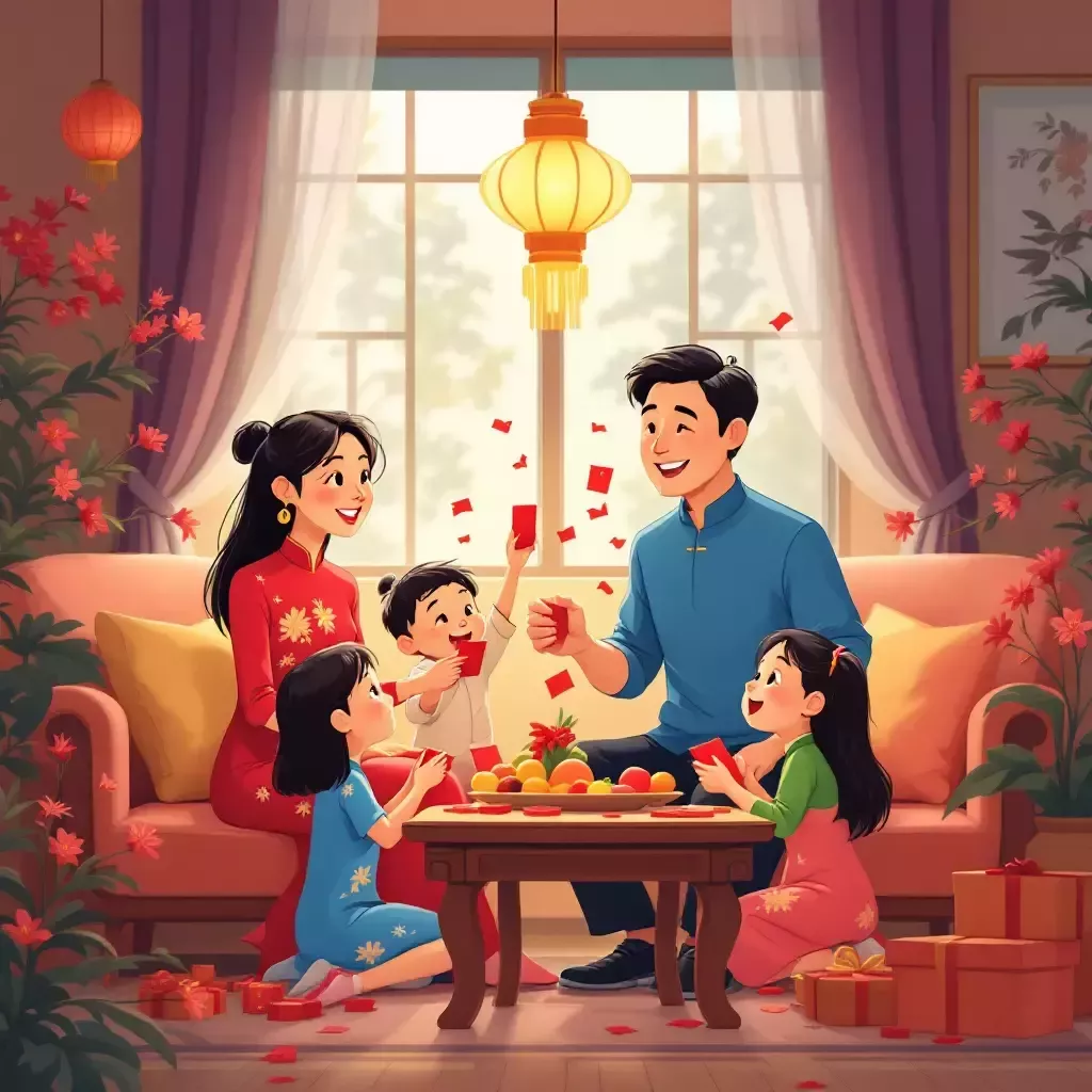 The family is sitting in their living room, wearing traditional Ao Dai, surrounded by red envelopes and smiling as they exchange gifts. The room is filled with flowers and fruit offerings.