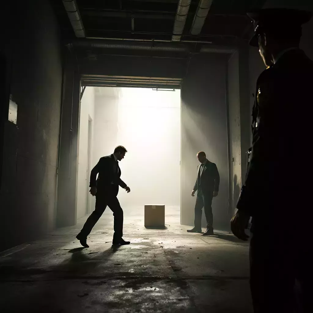 A climactic moment as John and the police burst into the warehouse, finding it empty, a single mysterious box left behind.